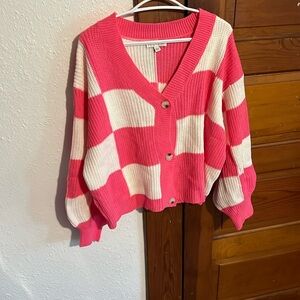 She + Sky Pink and White Checkered Cardigan